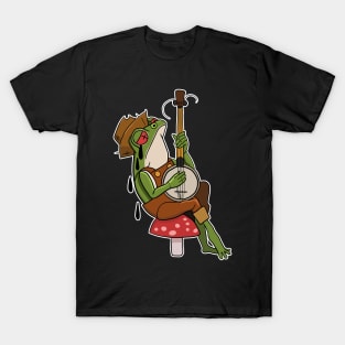 Tattoo Art Sad Frog on toadstool with banjo T-Shirt